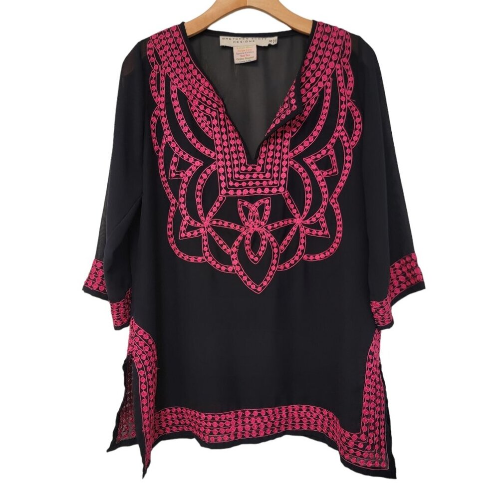 Gretchen Scott Top Size‎ Small Blouse Tunic Embroidered Bright Pink Blue FLAWS